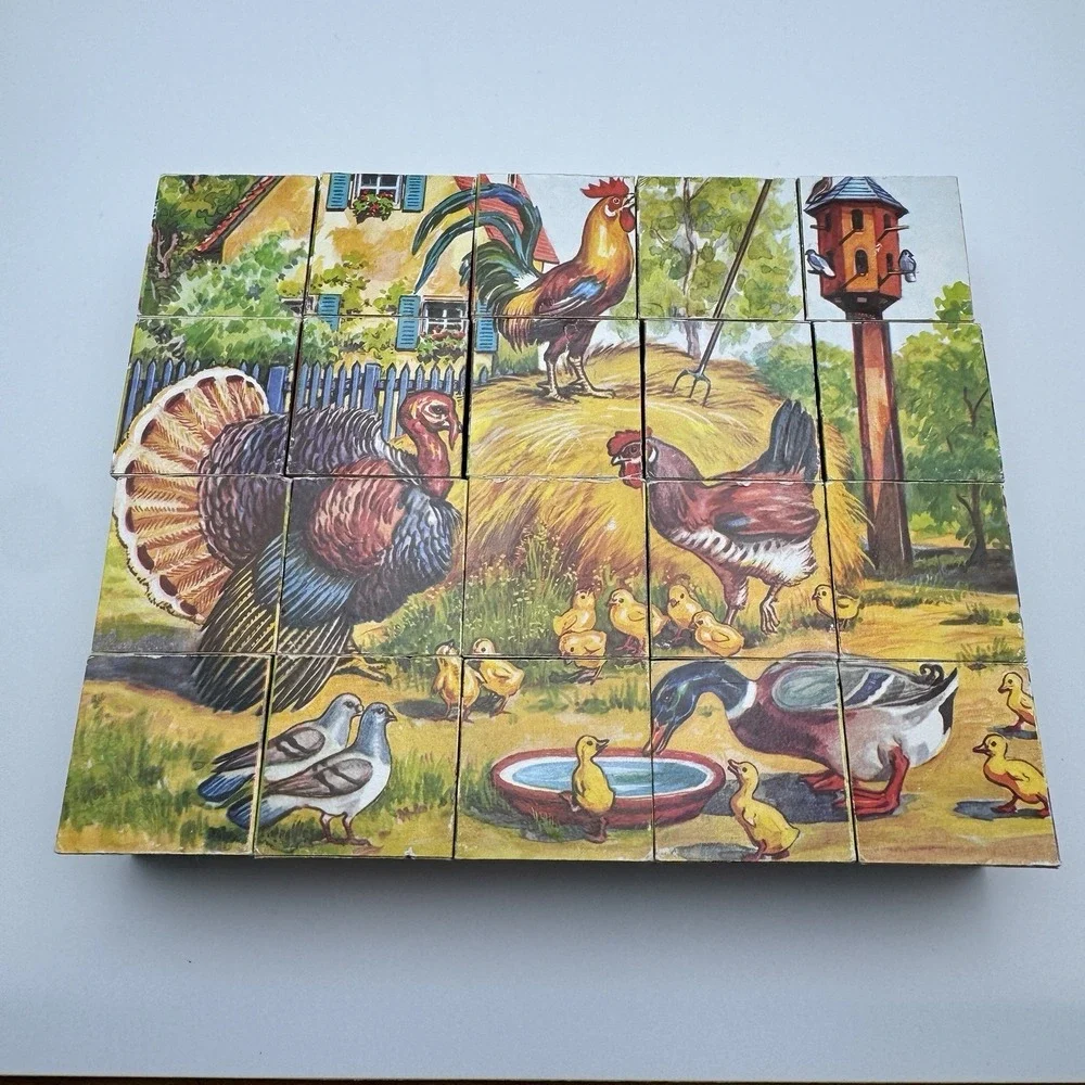 Vtg 20 Cube Puzzle Block Set 4 Sided West Germany ~ Cat Horse Cow Children Dogs